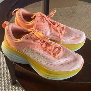 Hoka Vibrant Peach Pink and Yellow Sneakers